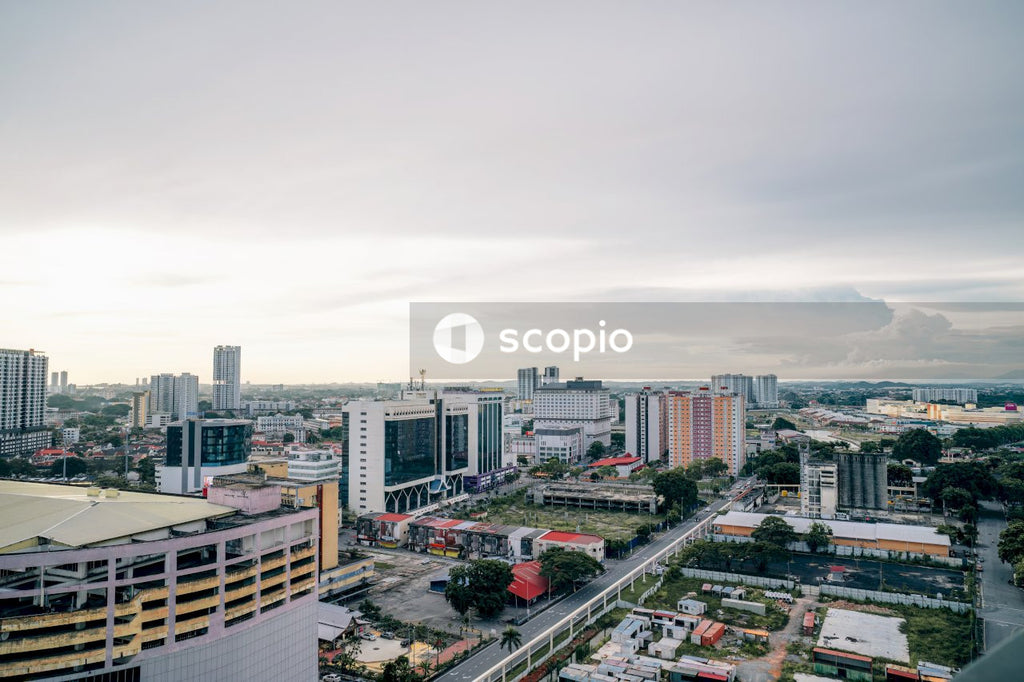 City buildings under white sky