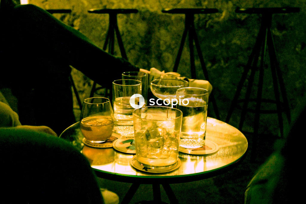 Clear drinking glasses on table