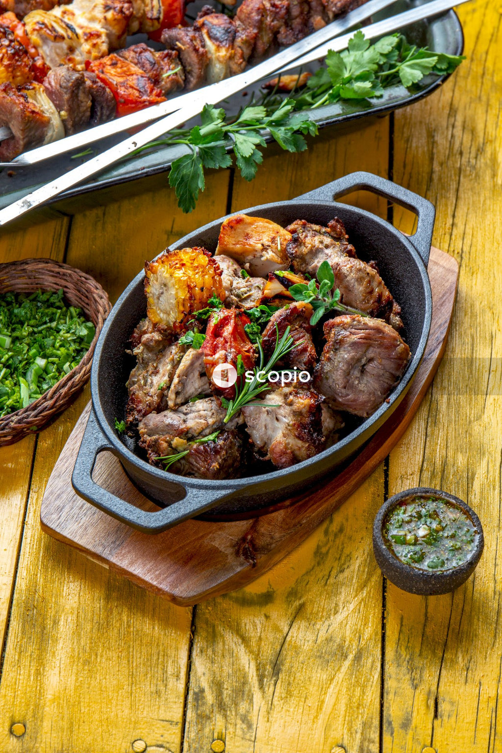 Cooked food on black and brown bowl