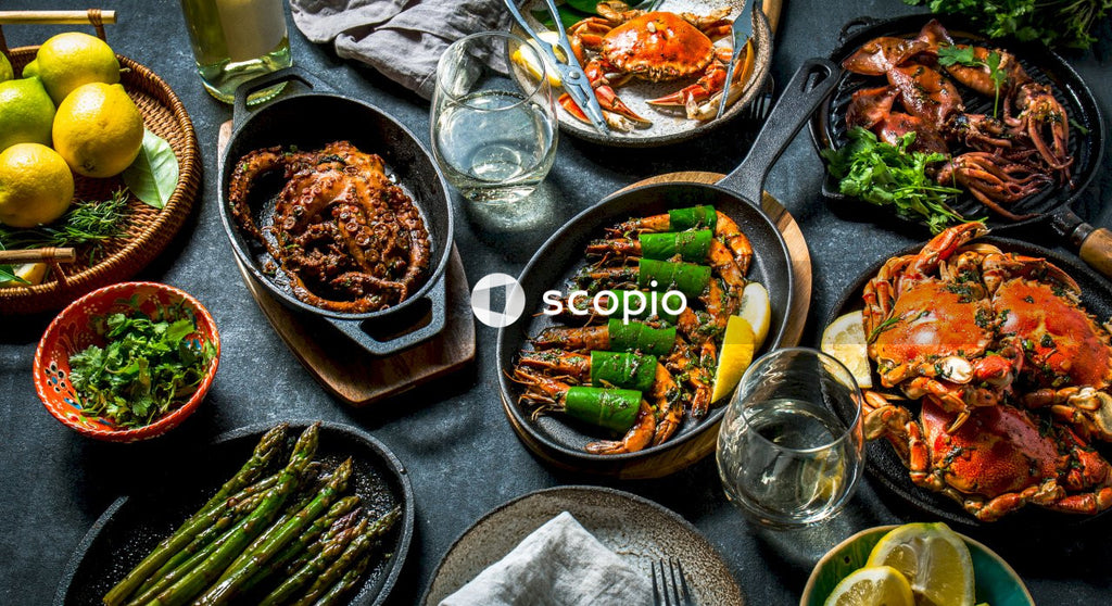 Cooked food on black ceramic bowl