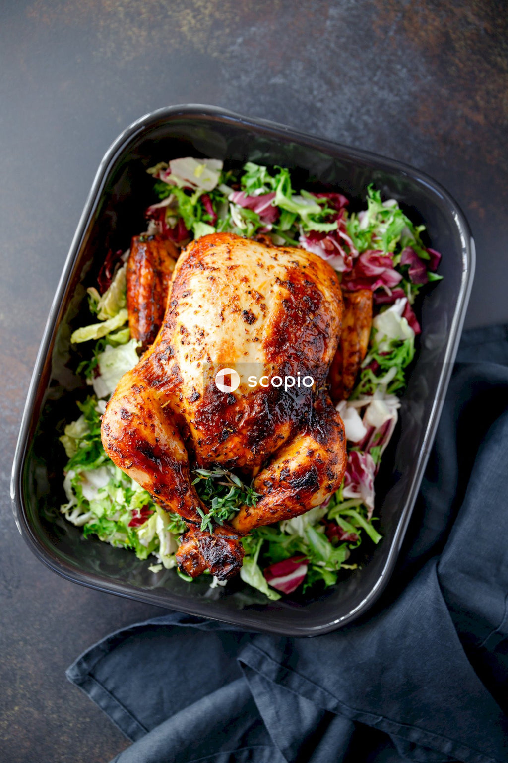 Cooked food on black plastic container