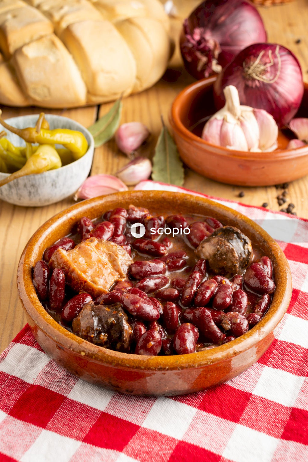 Cooked food on brown wooden bowl