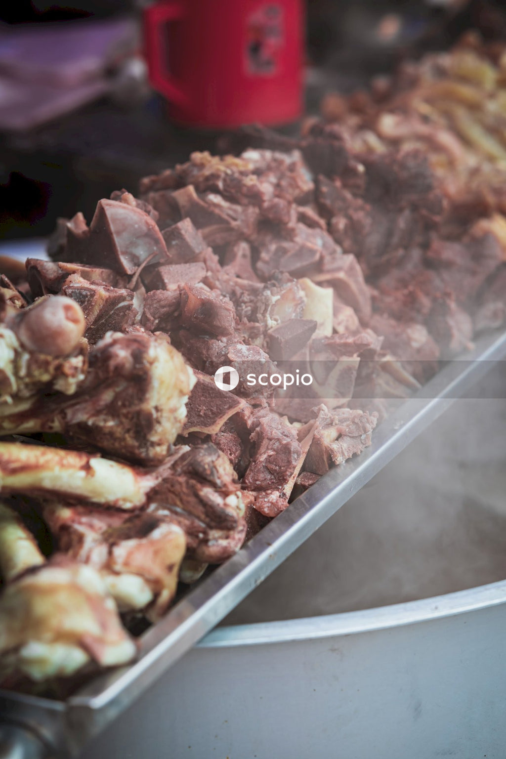 Cooked food on stainless steel tray