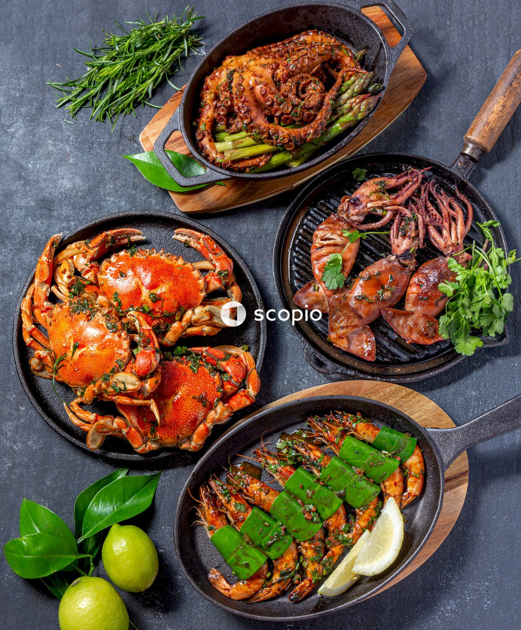 Cooked shrimp with green vegetable on black ceramic plate