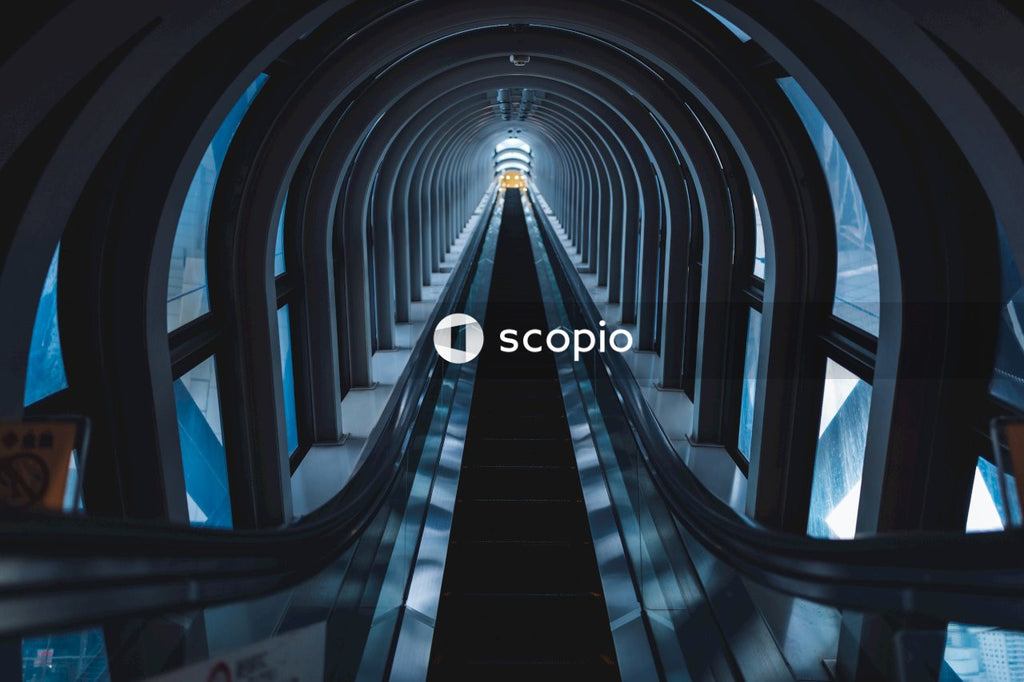 Interior view of blue hallway in Umeda Sky Building in Osaka, Japan