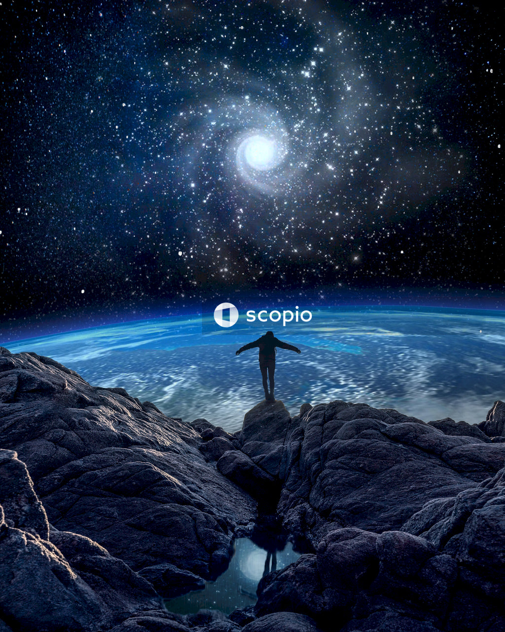 Digital photo of man standing on top of mountain over planet Earth