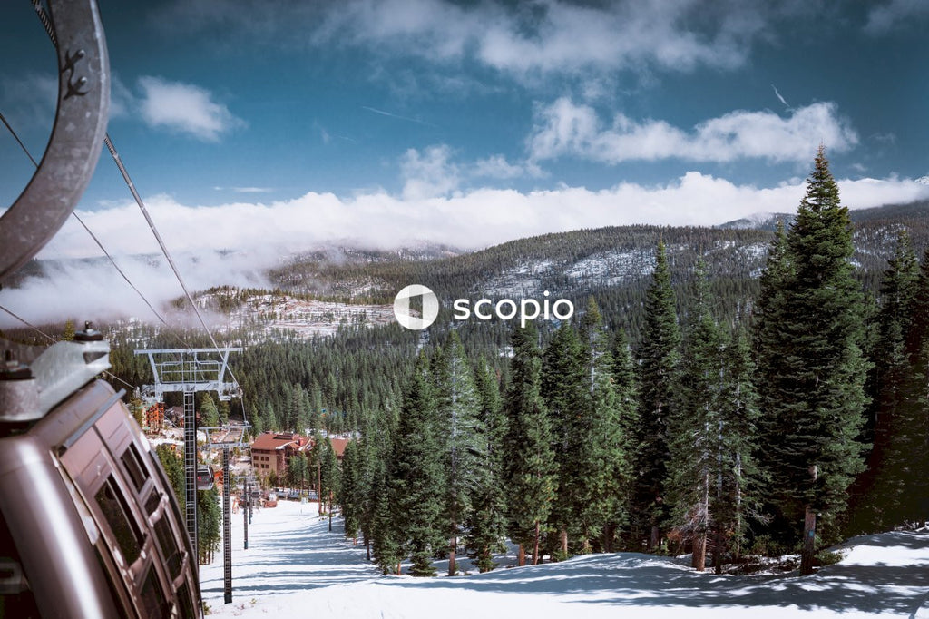 Cable car over winter mountain landscape