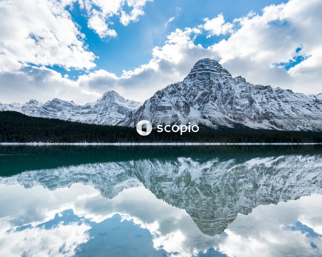 Lake surrounded by trees near snow covered mountain