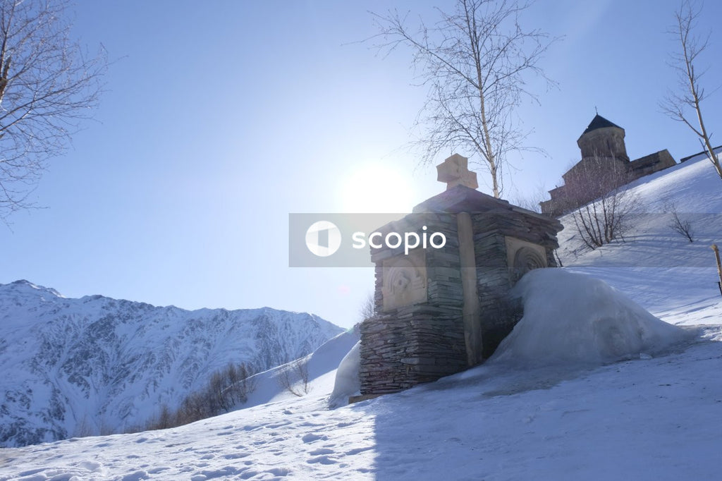 Person in brown jacket standing on snow covered ground