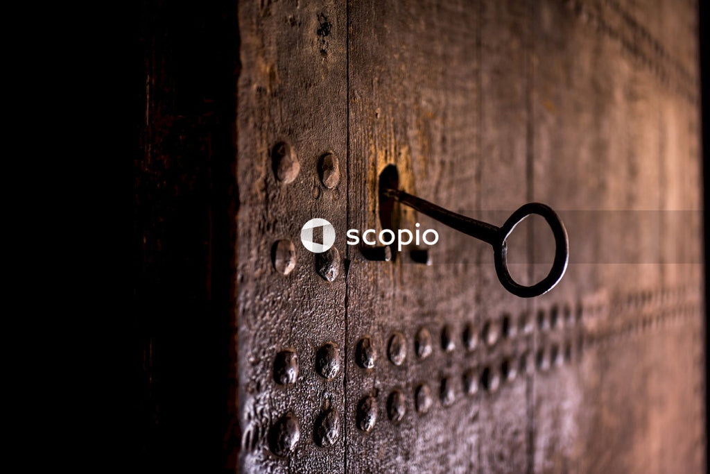 Gray scale photo of door lock