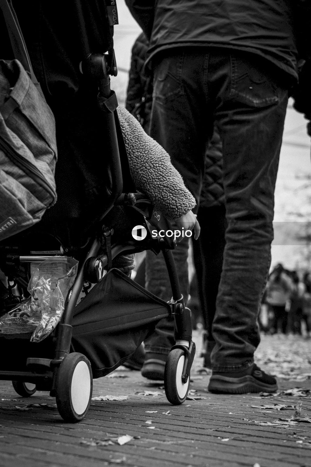 Grayscale photo of baby in stroller