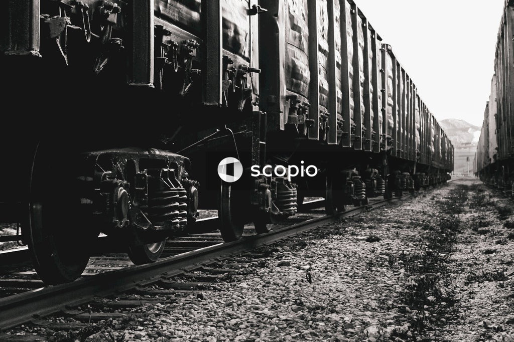 Grayscale photo of train engine