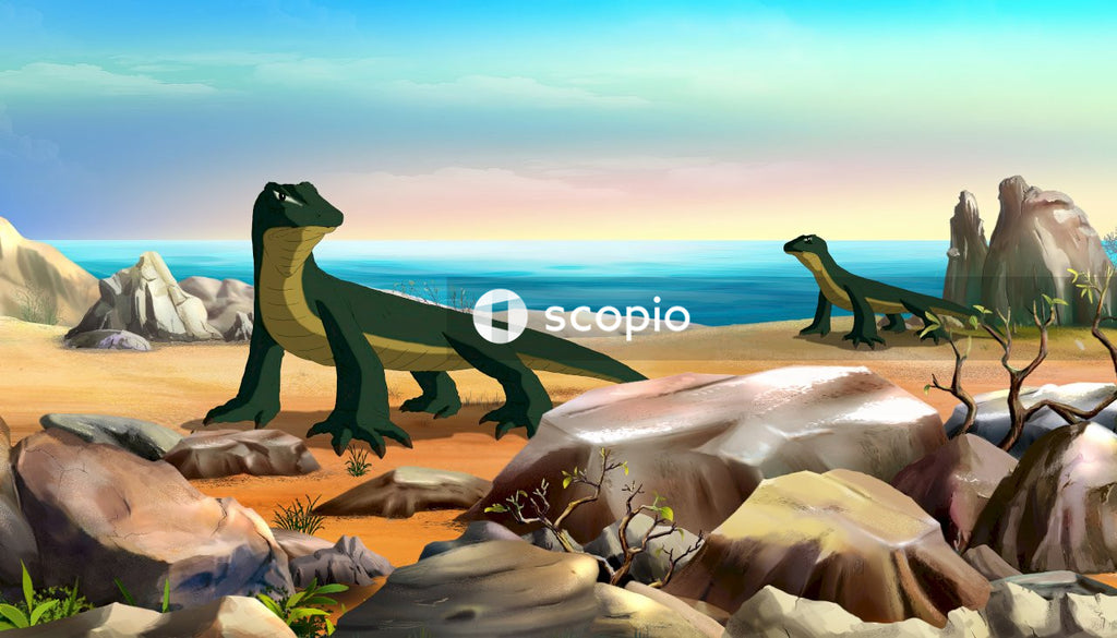 Green and black t-rex on white sand