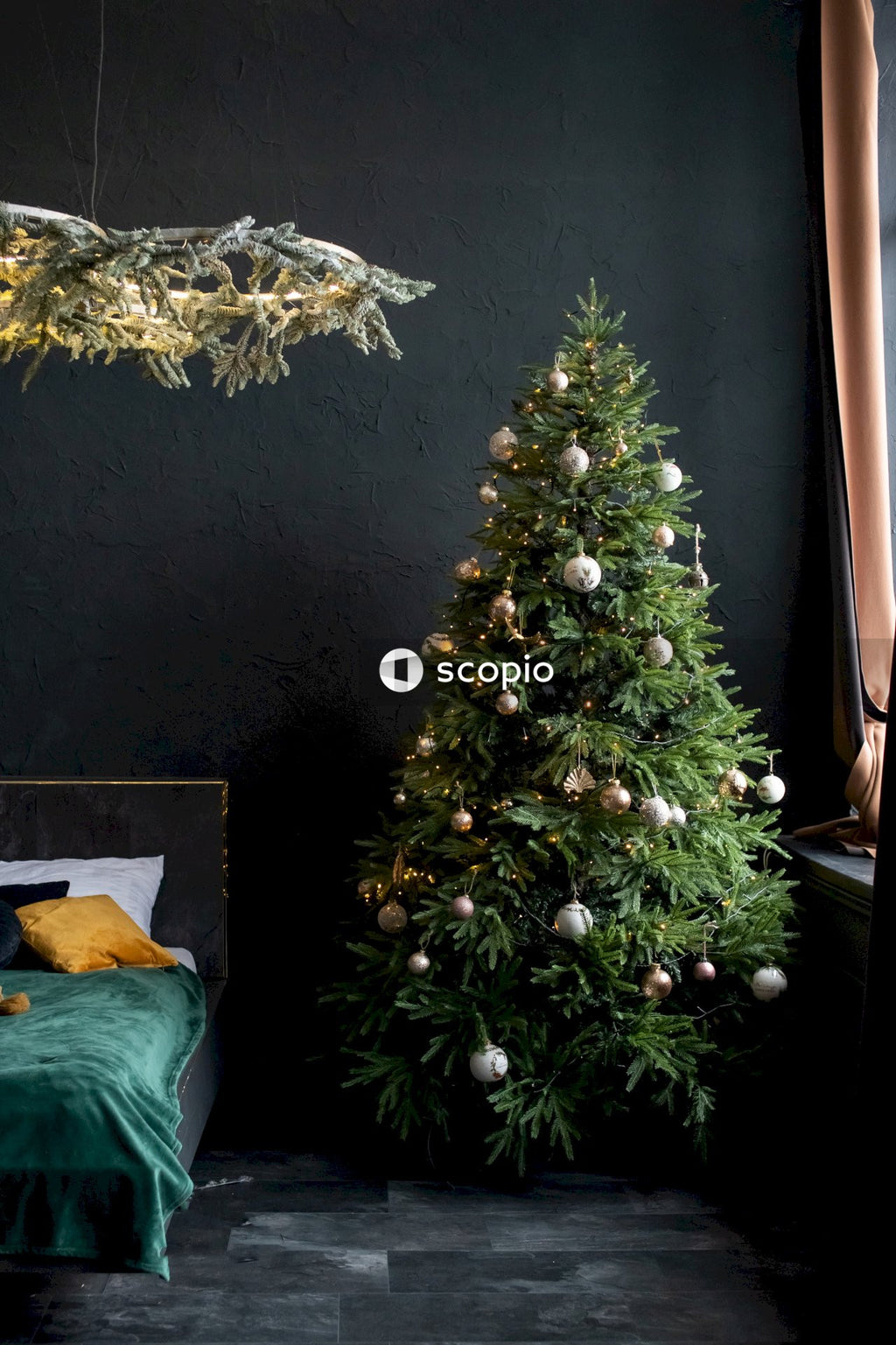 Green christmas tree with white string lights