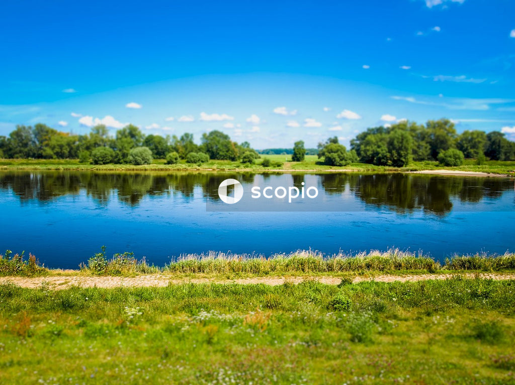 Green grass field near lake under blue sky