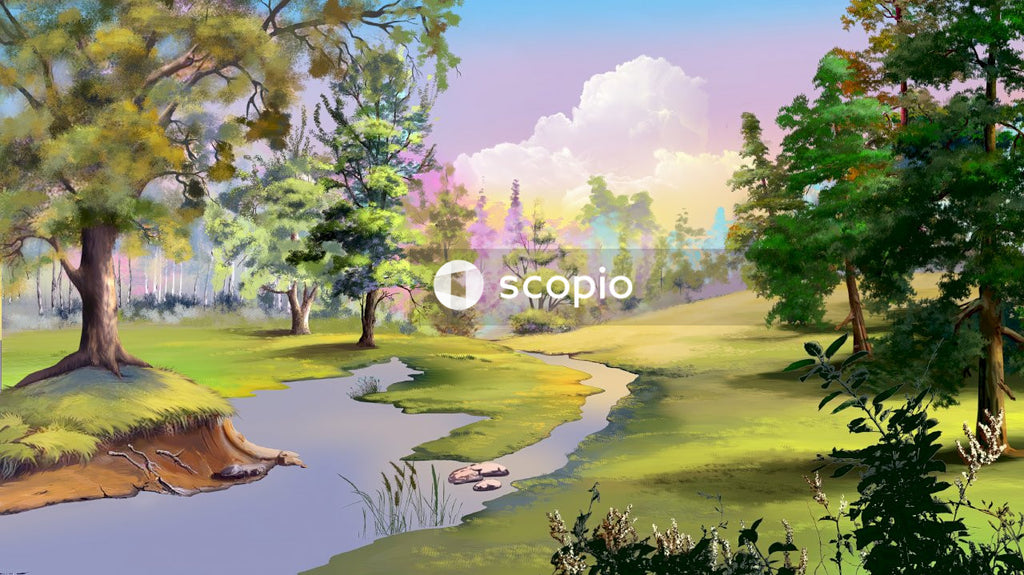 Green grass field with trees and river painting