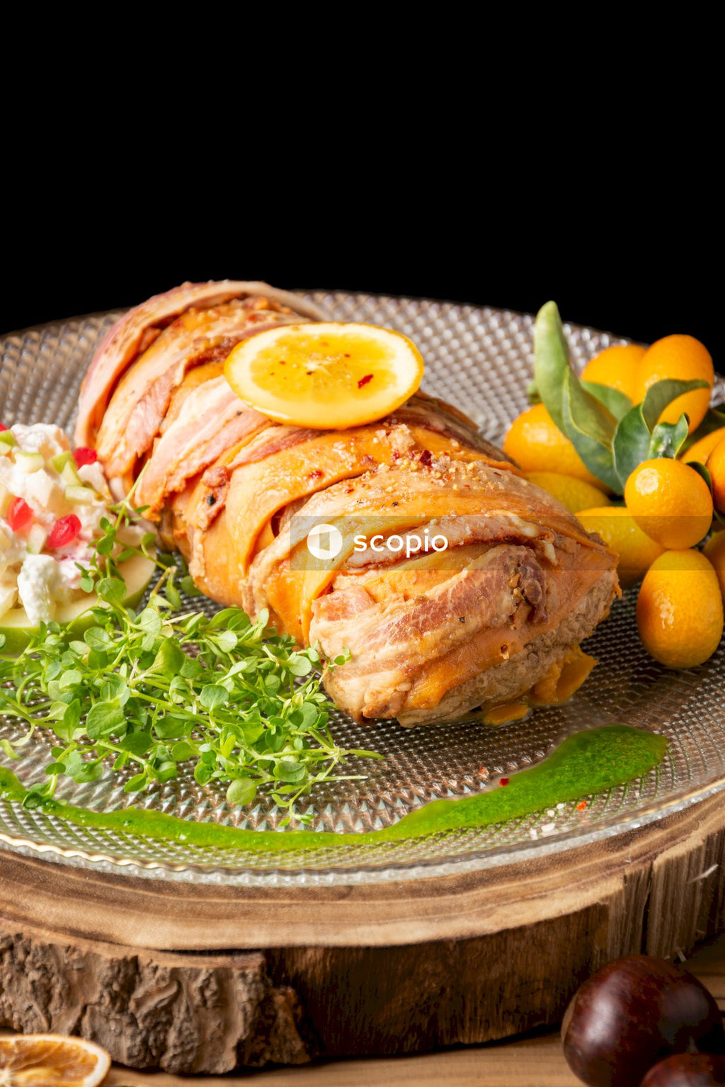 Grilled meat on green vegetable leaf
