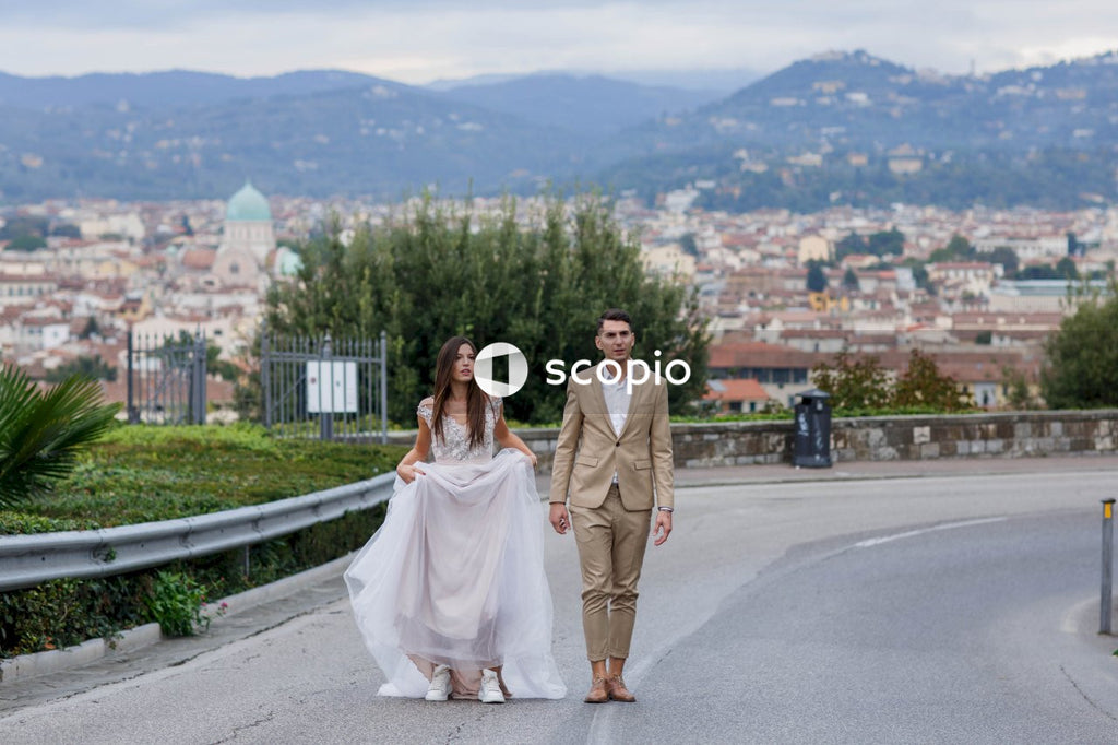 Young couple posing together on the streets in the city