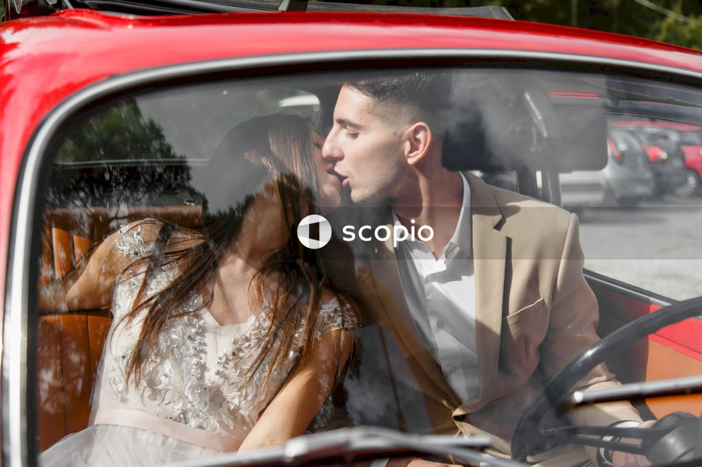 Young couple posing together on the streets in the city