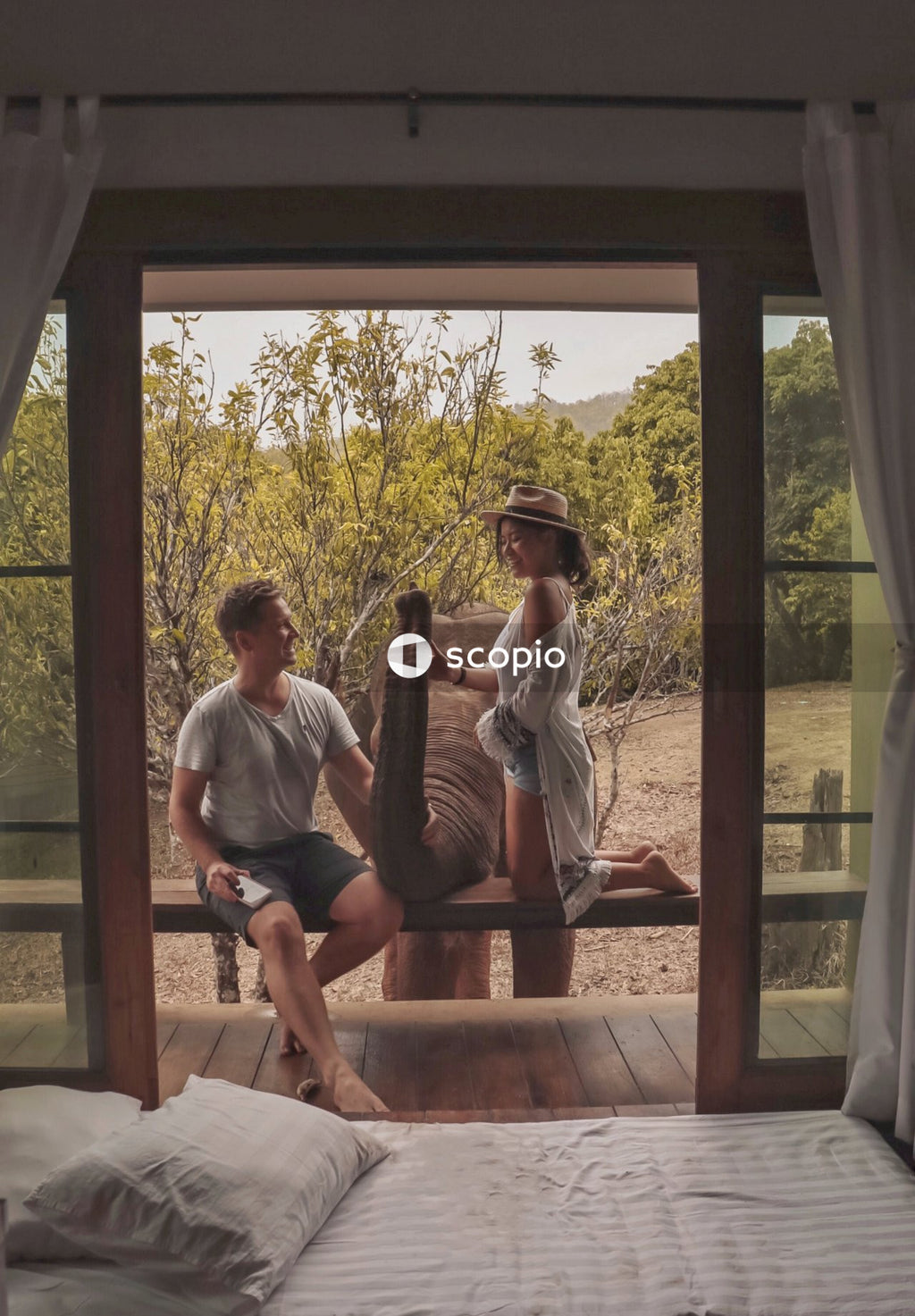 Man and woman in gazebo bedroom near elephant