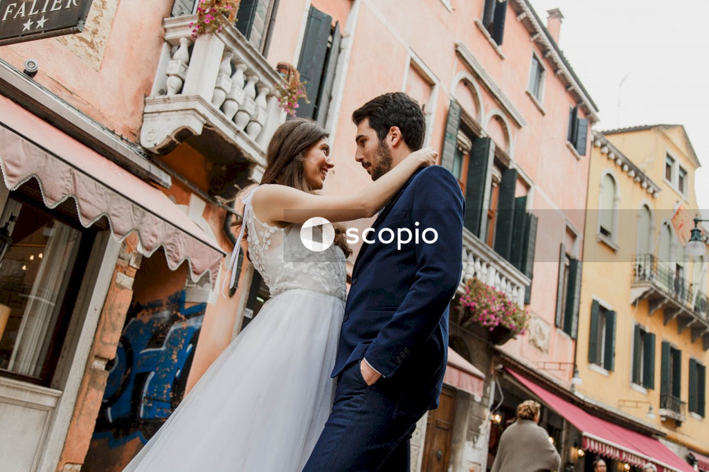 Young couple posing together on the streets in the city