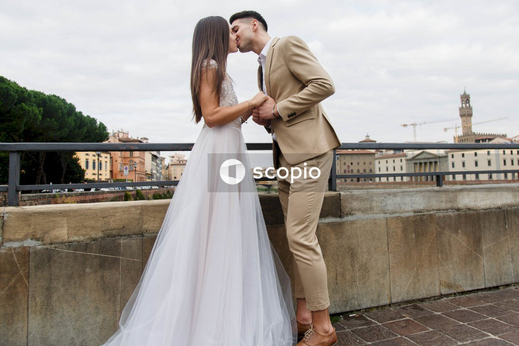 Young couple posing together on the streets in the city