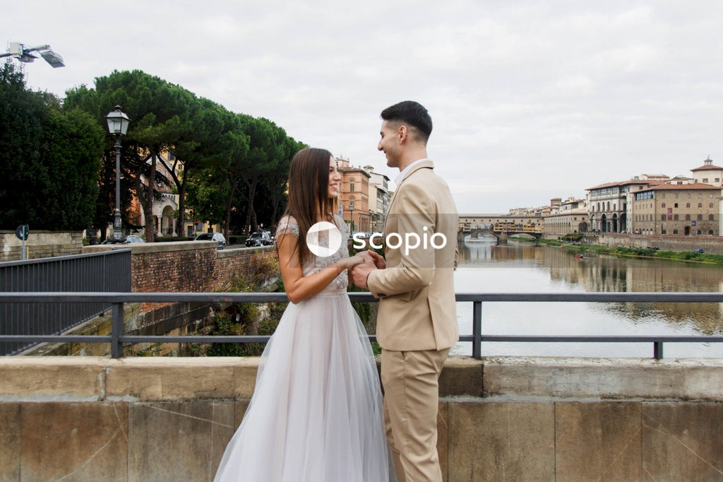 Young couple posing together on the streets in the city