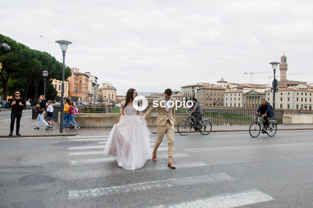 Young couple posing together on the streets in the city