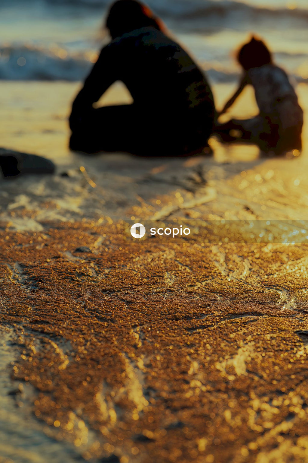 Person in black wet suit on brown sand
