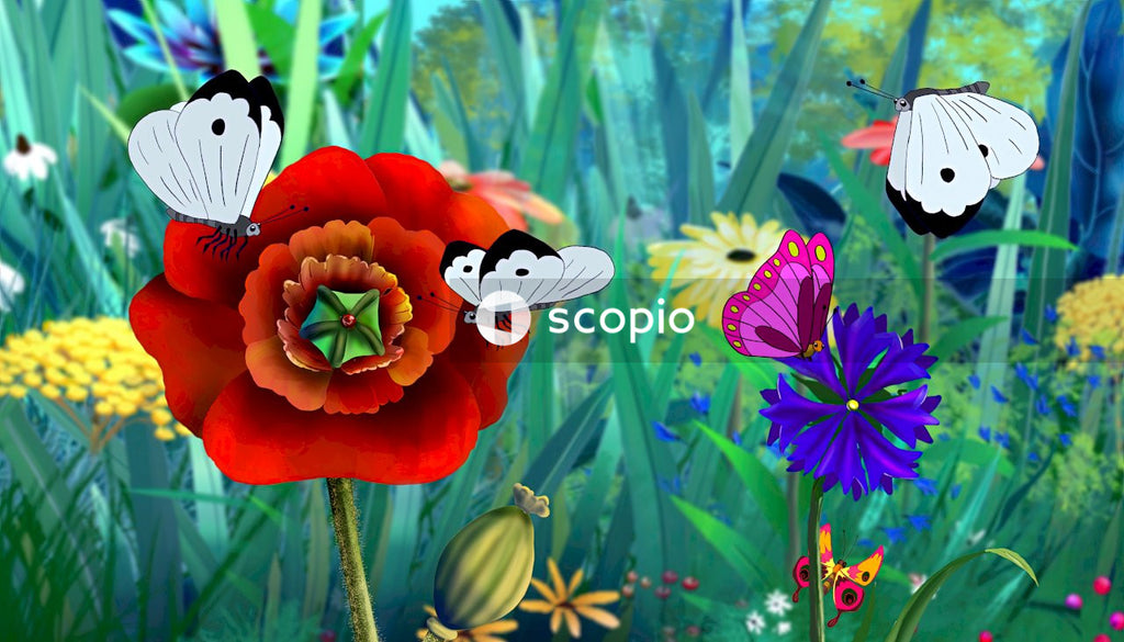 Red and purple flowers with white and black butterfly on top