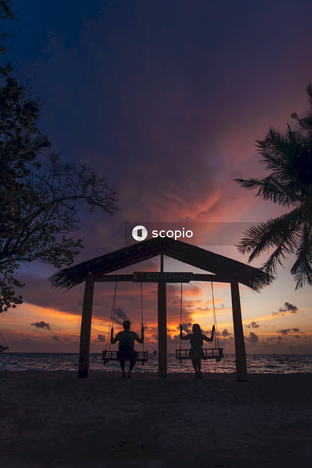 Silhouette of a man and a woman swinging at the beach during sunset