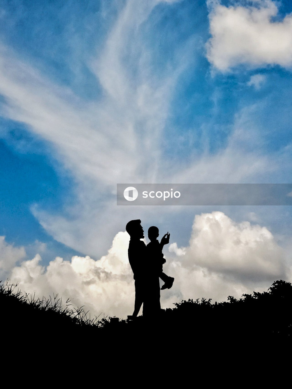 Silhouette of couple kissing under blue sky