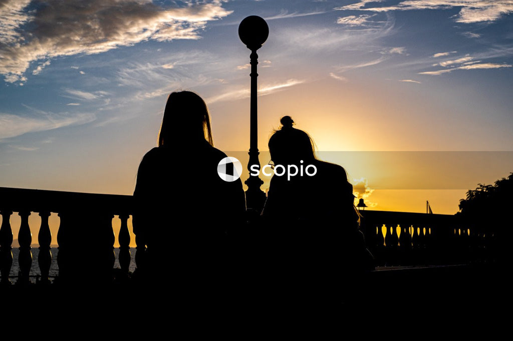 Silhouette of couple standing on bridge during sunset