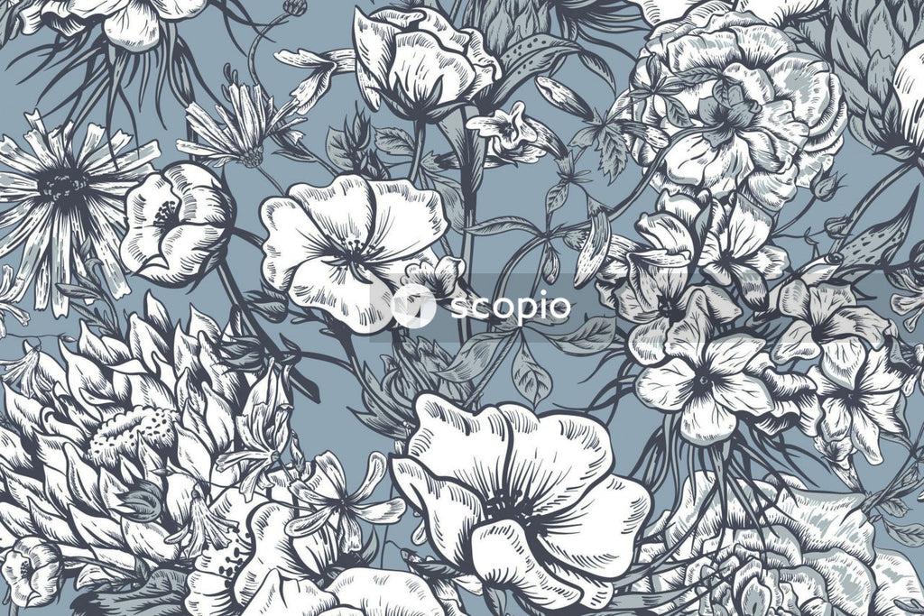 White and blue floral textile
