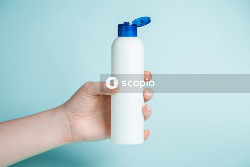 White and blue plastic bottle