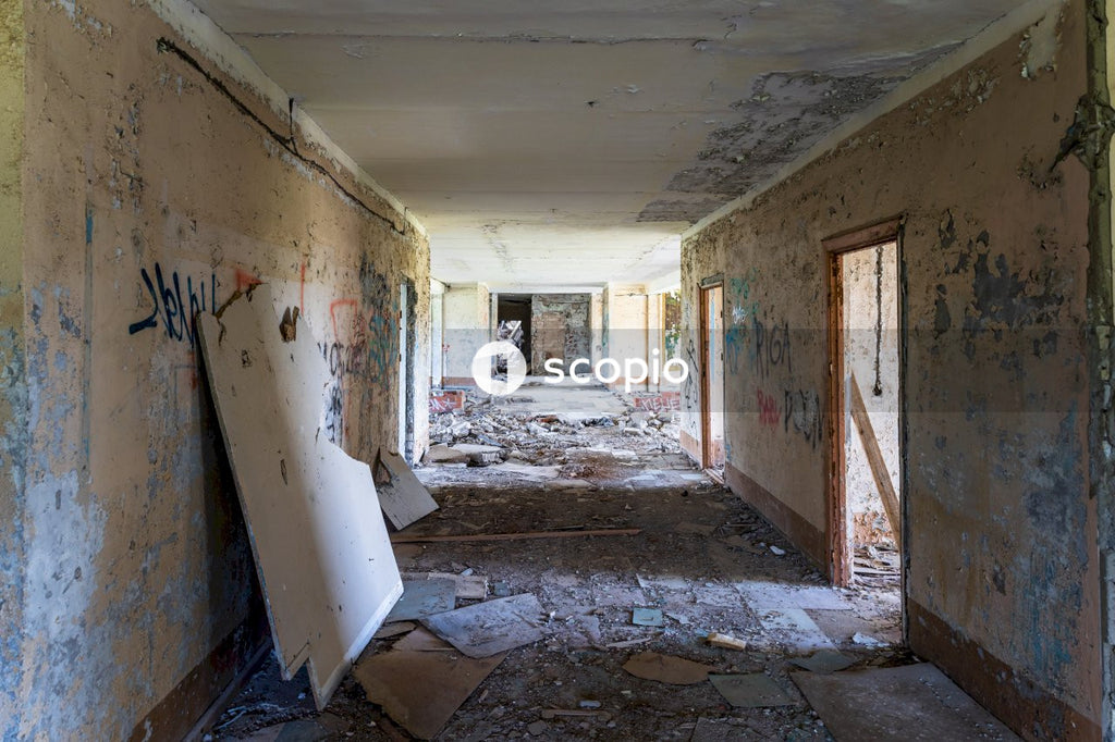 White and brown concrete hallway