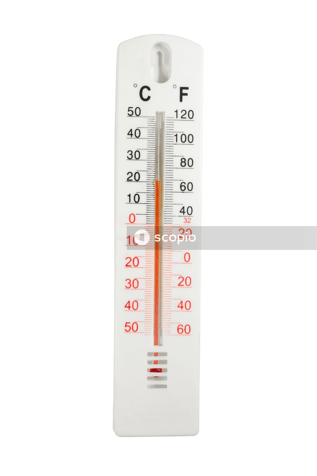 White and red thermometer at 30 degrees celsius