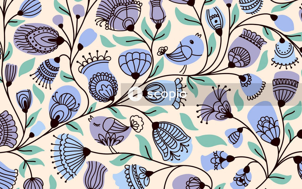 White blue and black floral textile