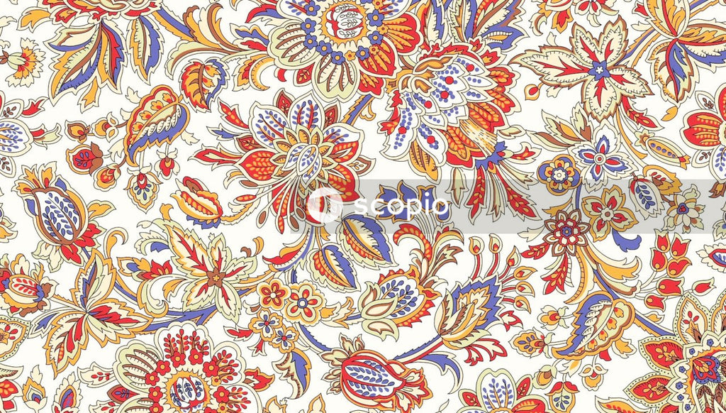 White blue and red floral textile