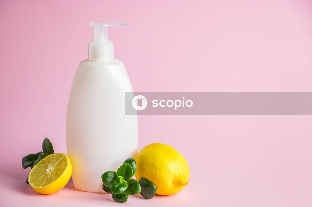 White plastic bottle with yellow lemon