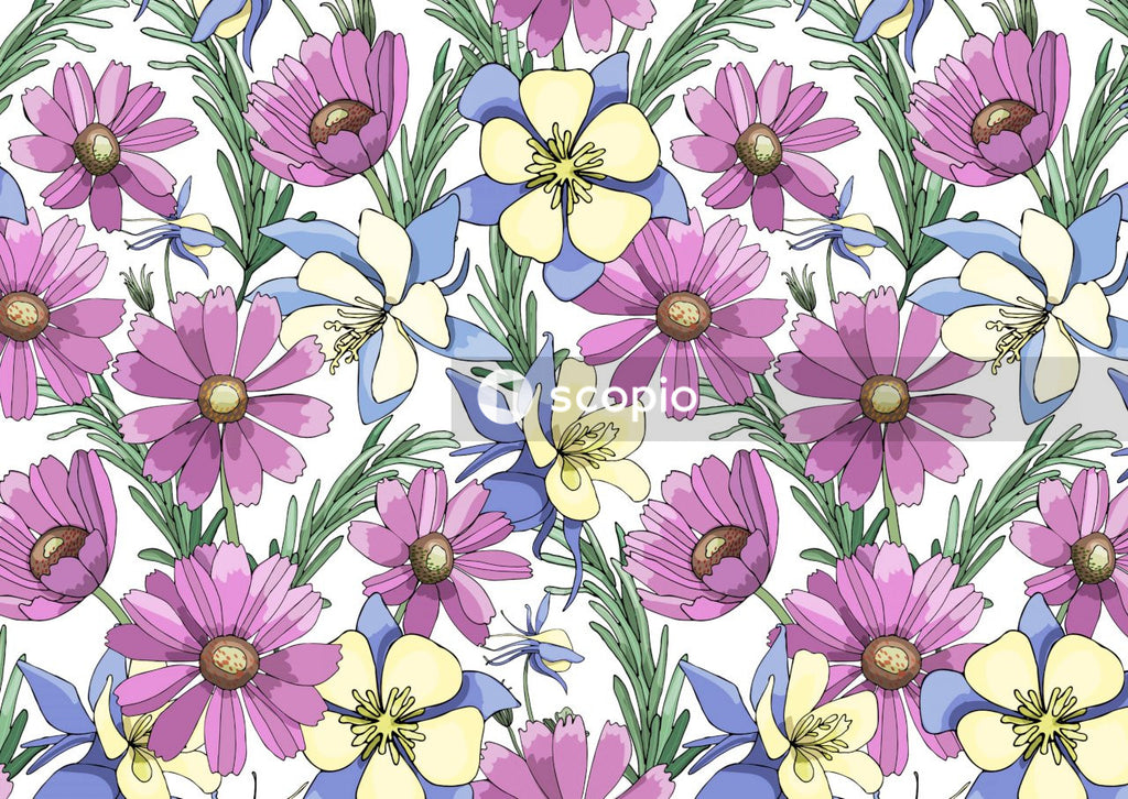 White purple and yellow flowers