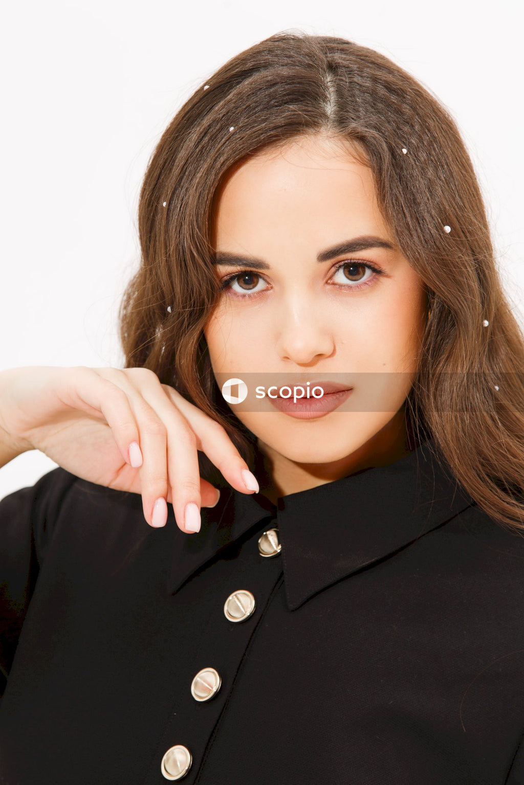 Woman in black button up shirt