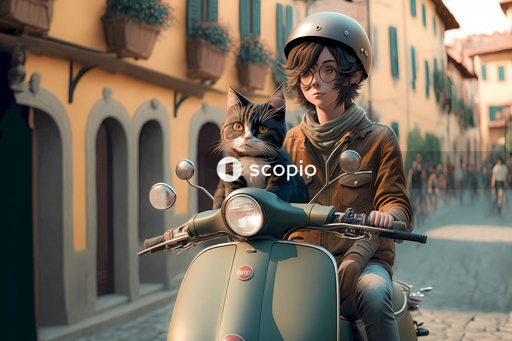 Woman in brown jacket riding on motorcycle with cat on her head