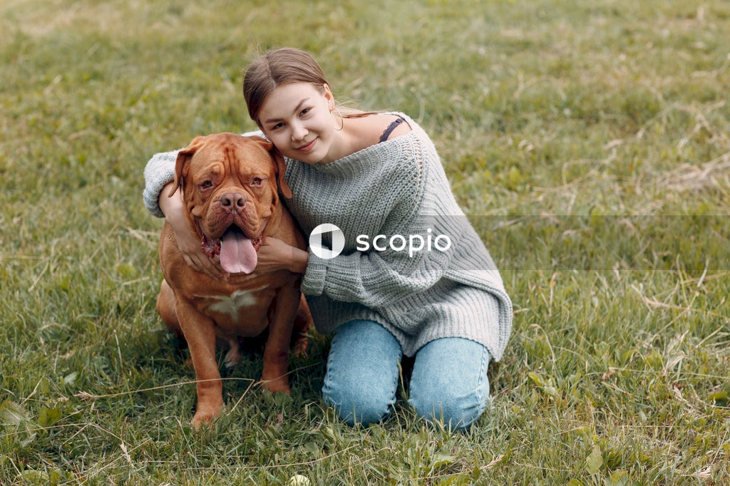 Woman in gray sweater hugging brown short coated dog on green grass field