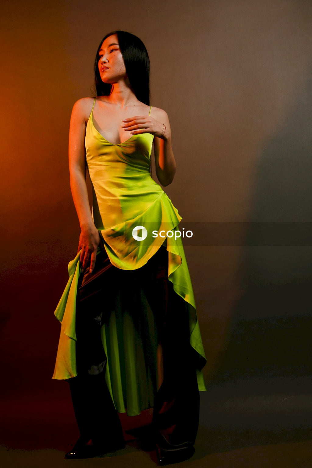 Woman in green tube dress