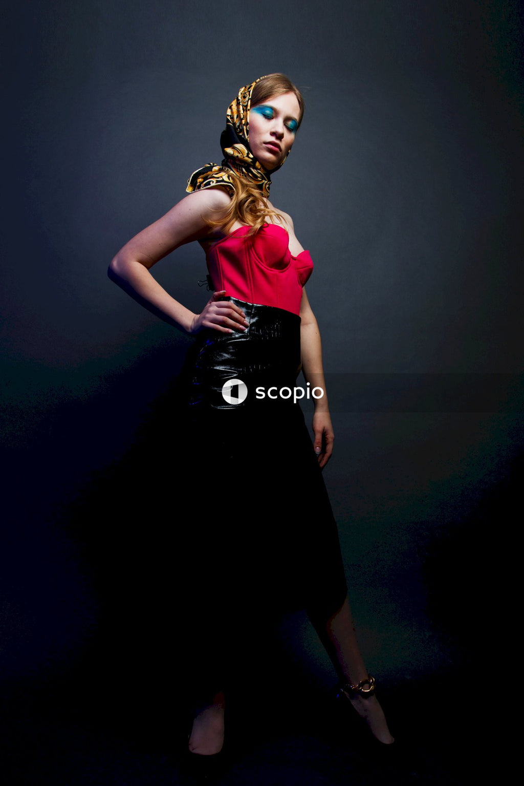 Woman in red and black dress