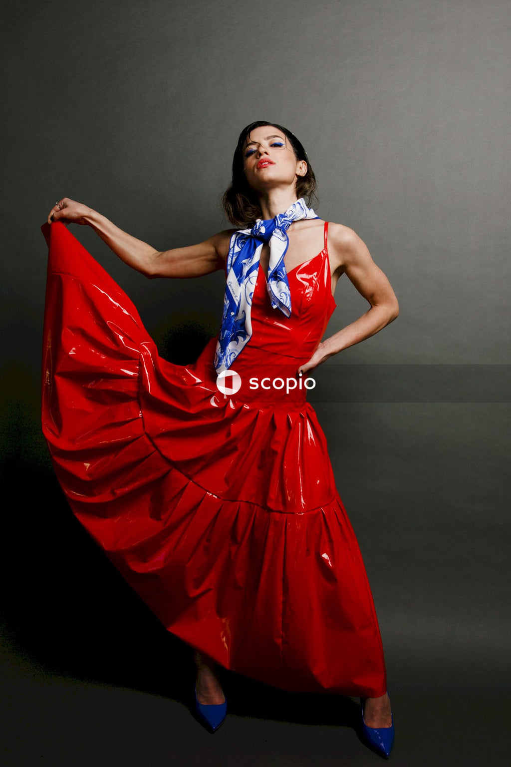 Woman in red and blue dress