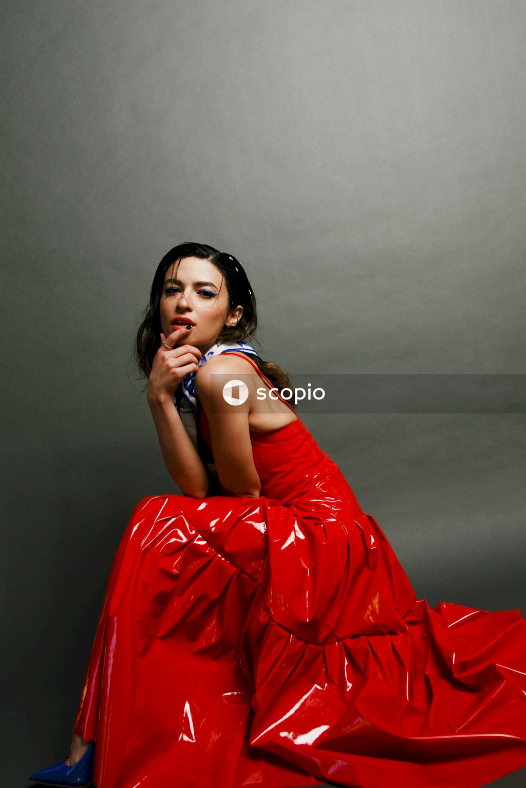 Woman in red tube dress