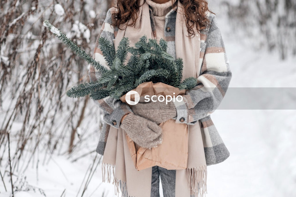 Woman in white and brown sweater holding green pine tree