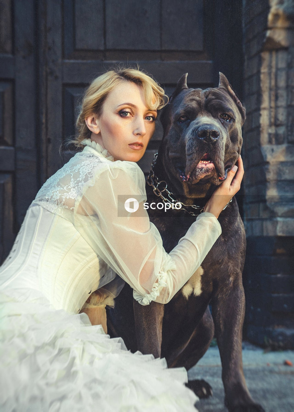 Woman in white dress hugging black short coated dog